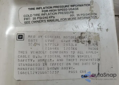 1995 Cadillac Eldorado z USA, uszkodzony, nr VIN 1G6EL12Y2SU605237